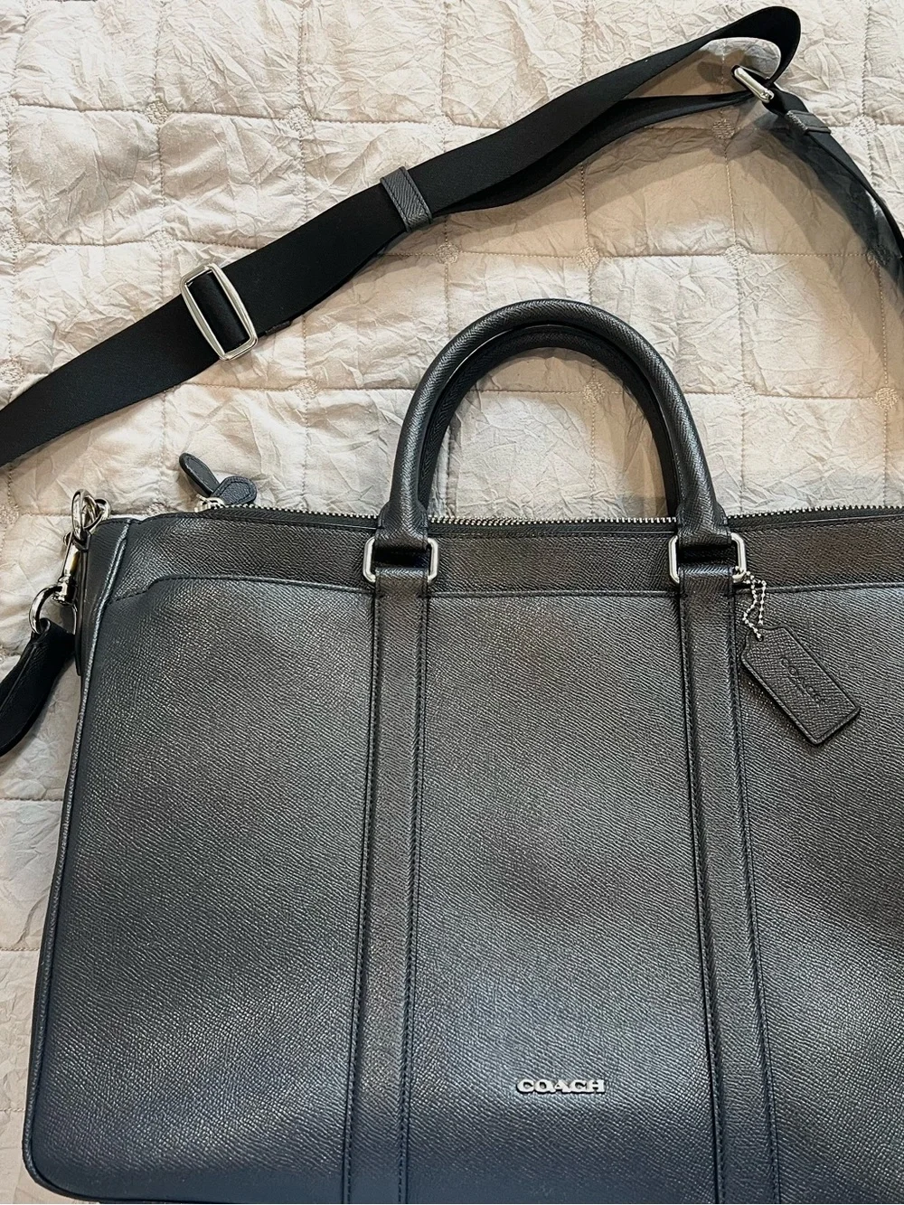 Coach Smoke Grey Pebbled Leather Men's Briefcase with Removable Shoulder Strap